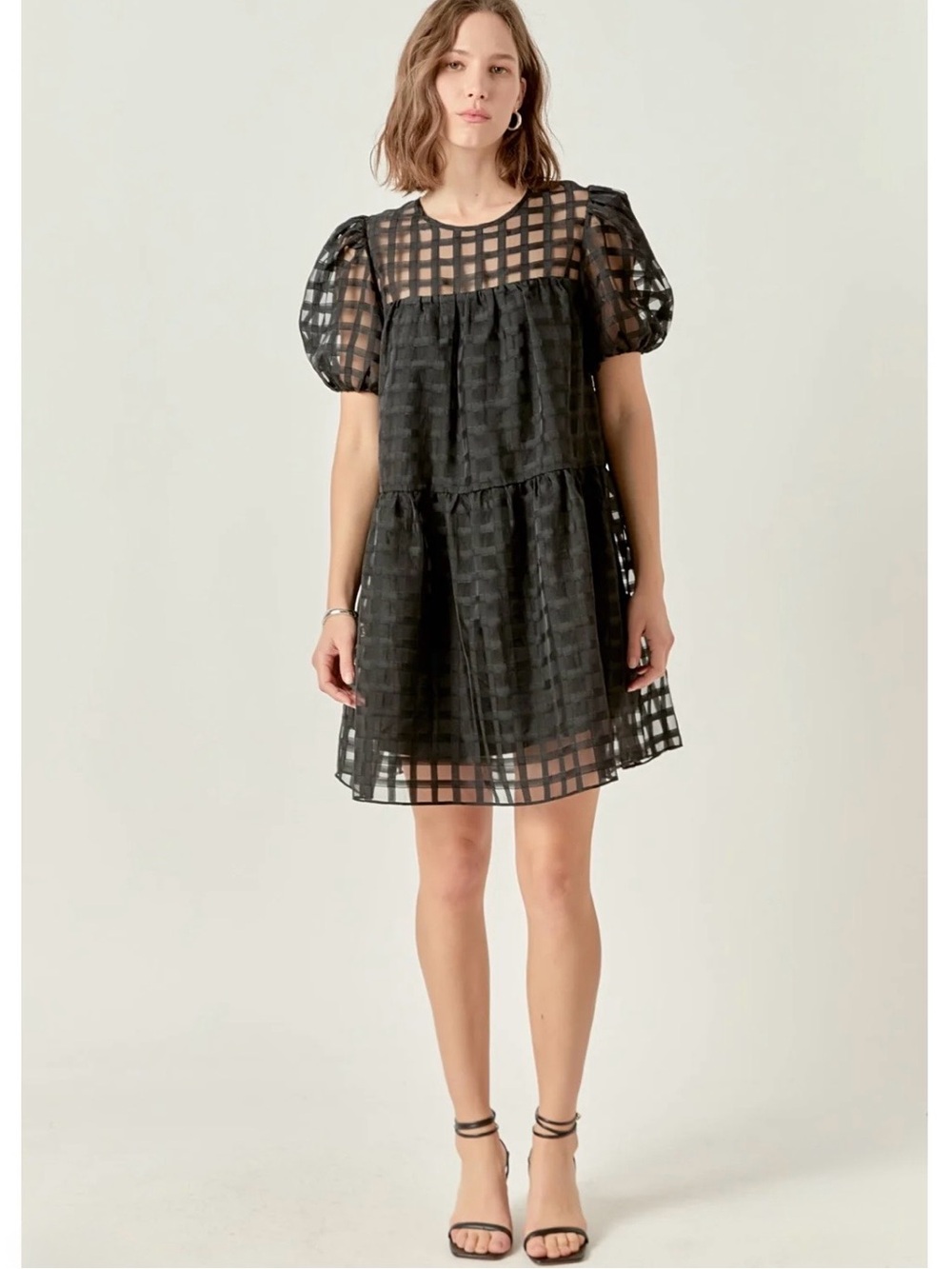 New! English Factory Black Grid Puff Sleeve Mini Dress size M